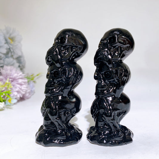 4.1" Black Obsidian Three-no Skulls Carving Crystal Healing Bulk Wholesale