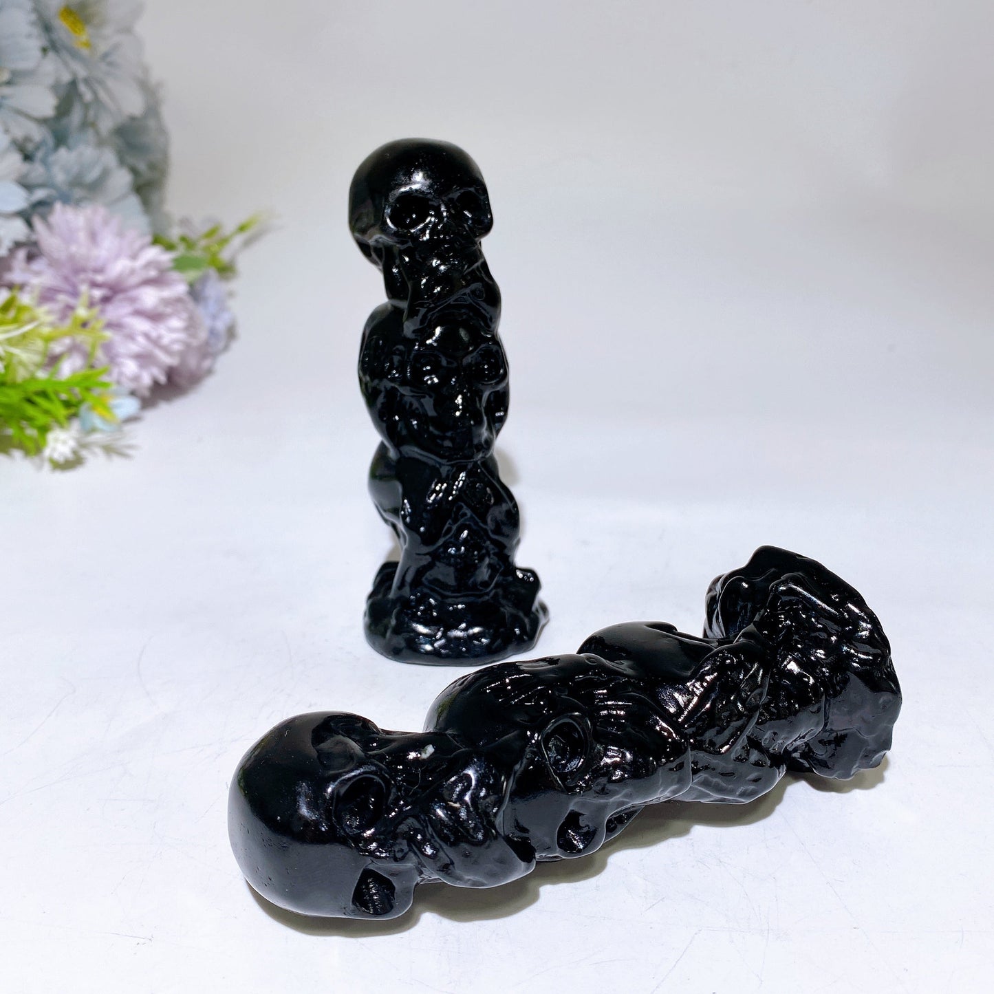 4.1" Black Obsidian Three-no Skulls Carving Crystal Healing Bulk Wholesale