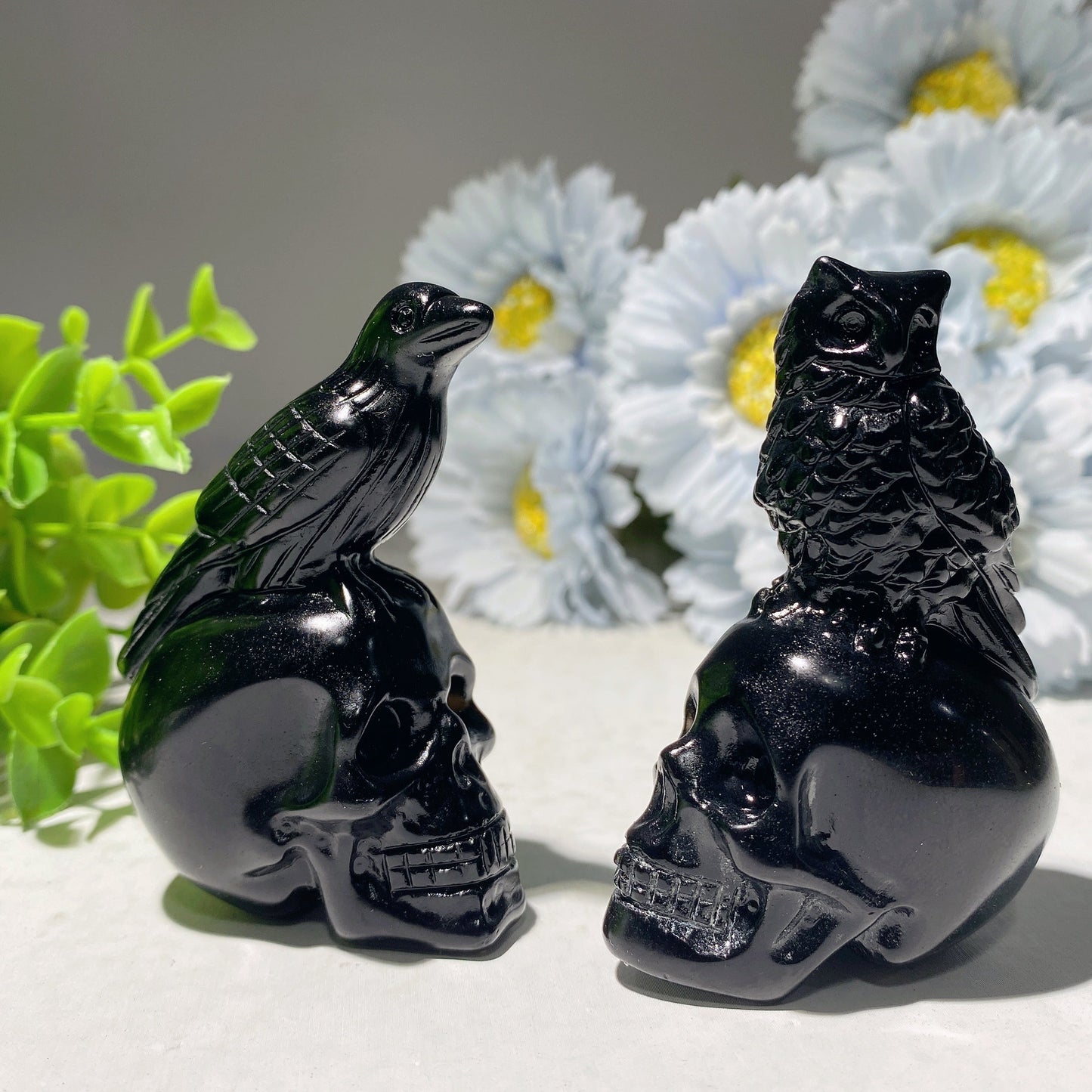 2.8" Black Obsidian Skull with Bird Carvings for Halloween Bulk Wholesale