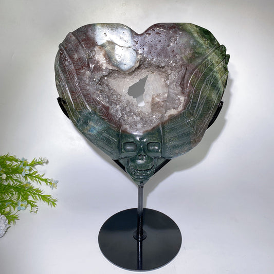 Large Unique Ocean Jasper Druzy Quartz Skull Heart Carving with Stand Crystal Healing Bulk Wholesale