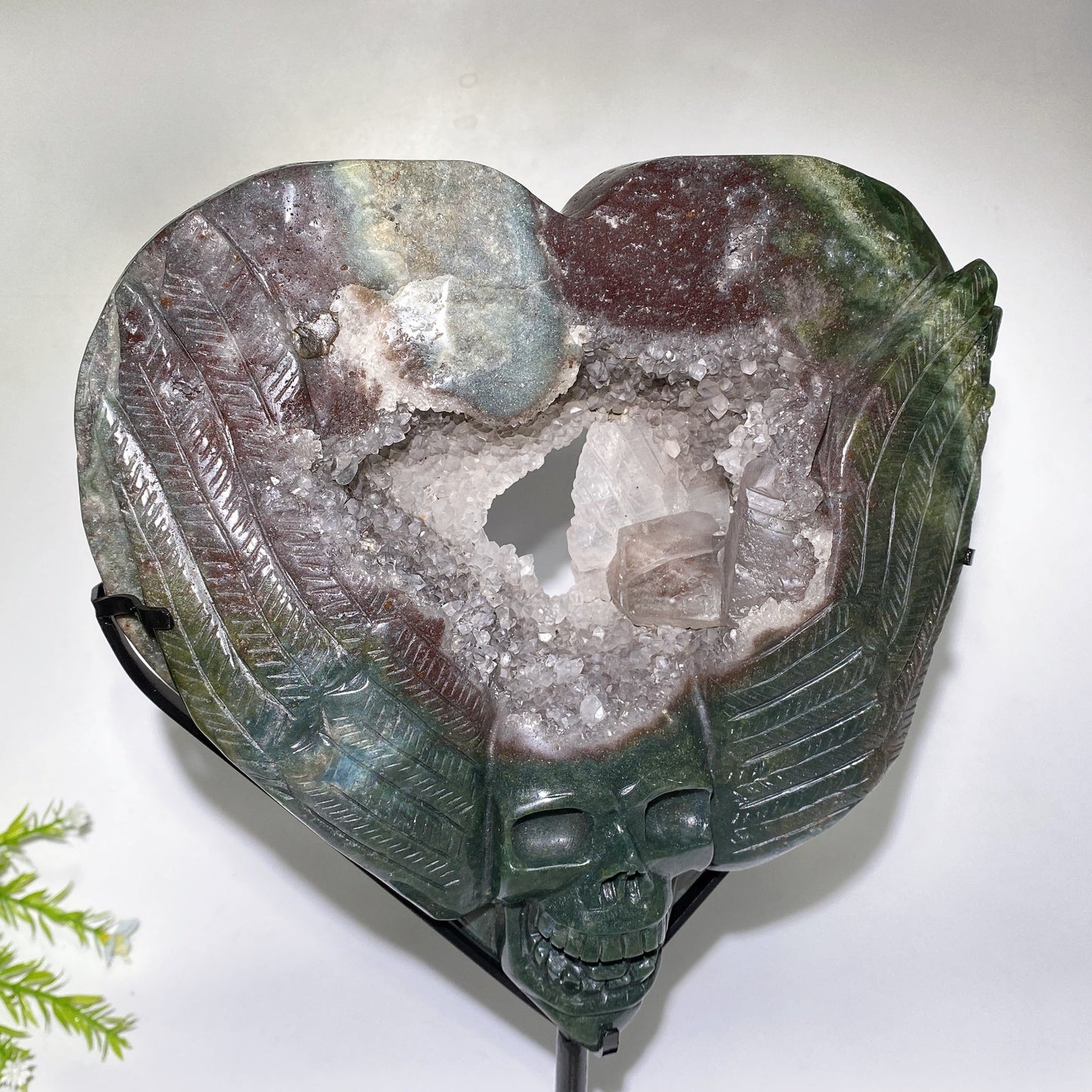 Large Unique Ocean Jasper Druzy Quartz Skull Heart Carving with Stand Crystal Healing Bulk Wholesale