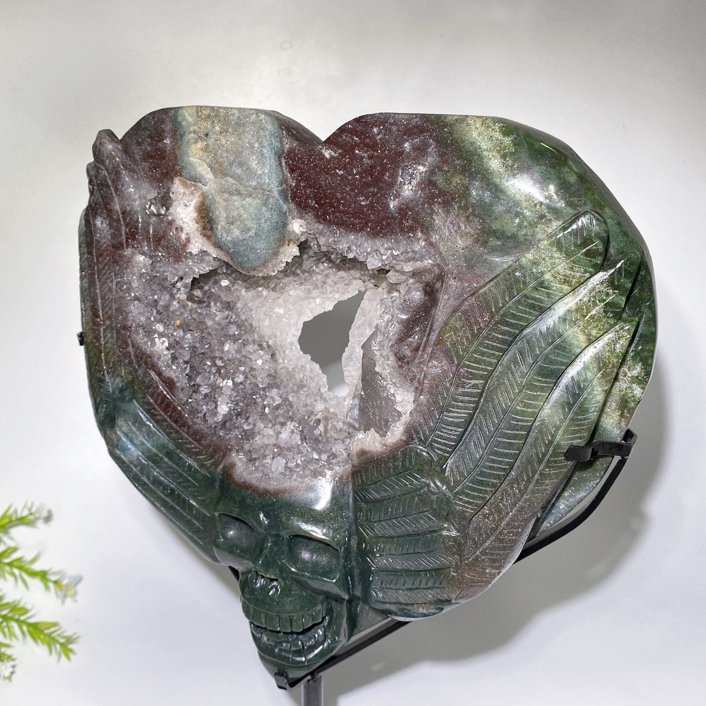 Large Unique Ocean Jasper Druzy Quartz Skull Heart Carving with Stand Crystal Healing Bulk Wholesale