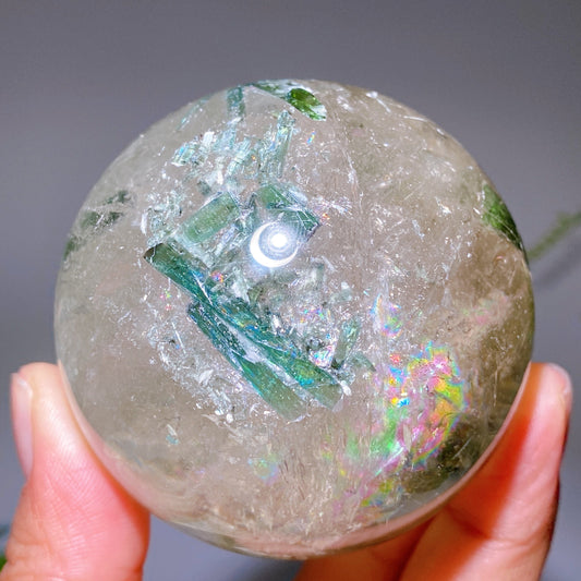 Unique 65mm Strong Rainbow Green Tourmaline In Quartz Sphere