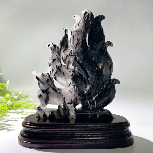 20cm Uninque Black Tourmaline in Quartz Nine-tails Fox Carving Crystal Healing Bulk Wholesale