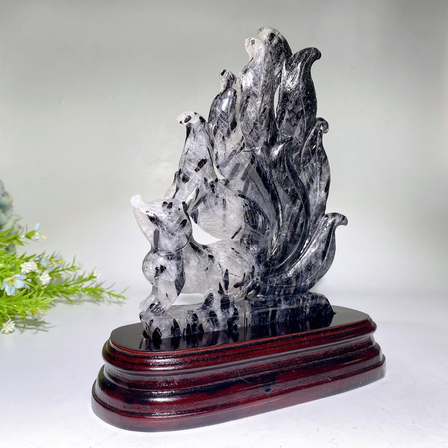 20cm Uninque Black Tourmaline in Quartz Nine-tails Fox Carving Crystal Healing Bulk Wholesale