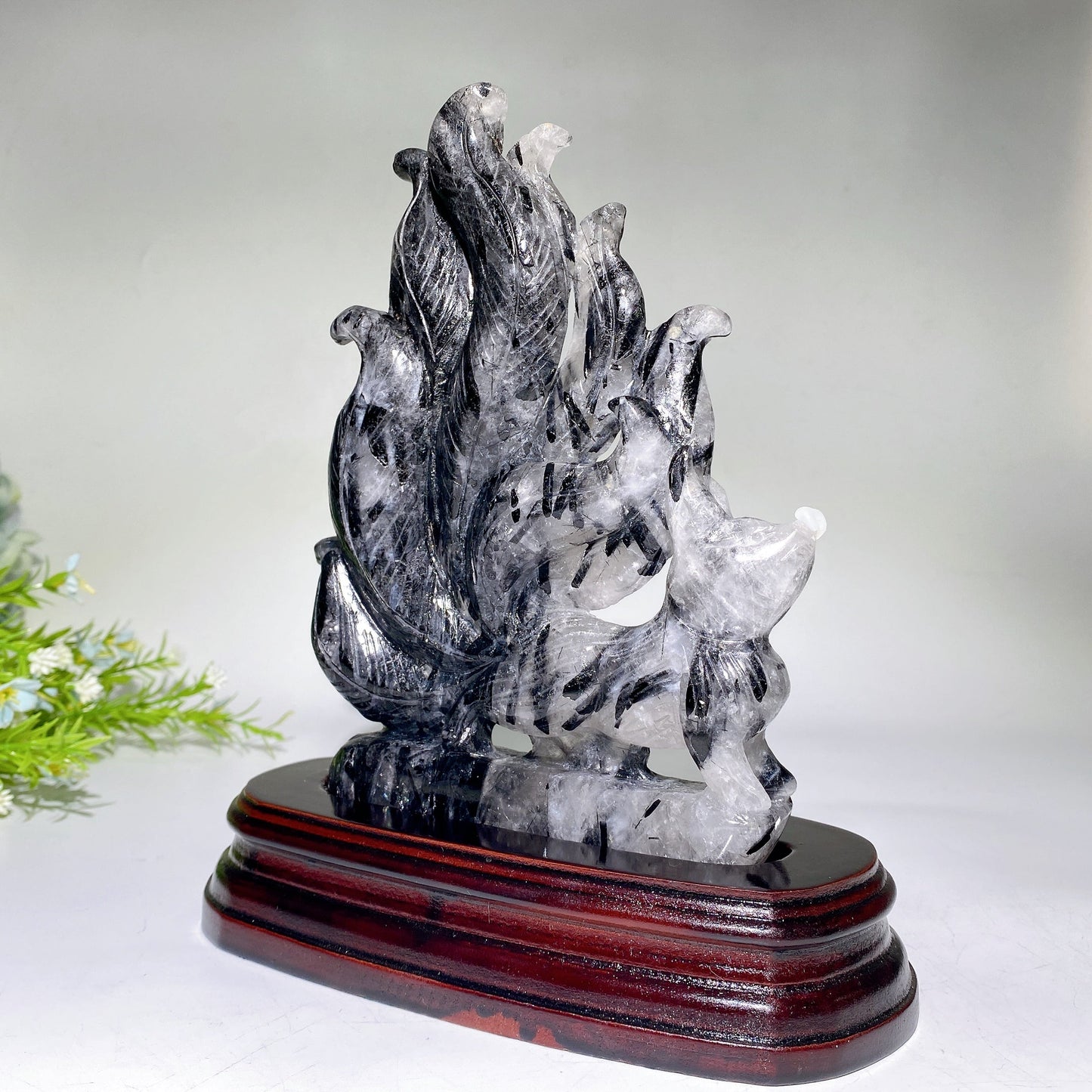 20cm Uninque Black Tourmaline in Quartz Nine-tails Fox Carving Crystal Healing Bulk Wholesale