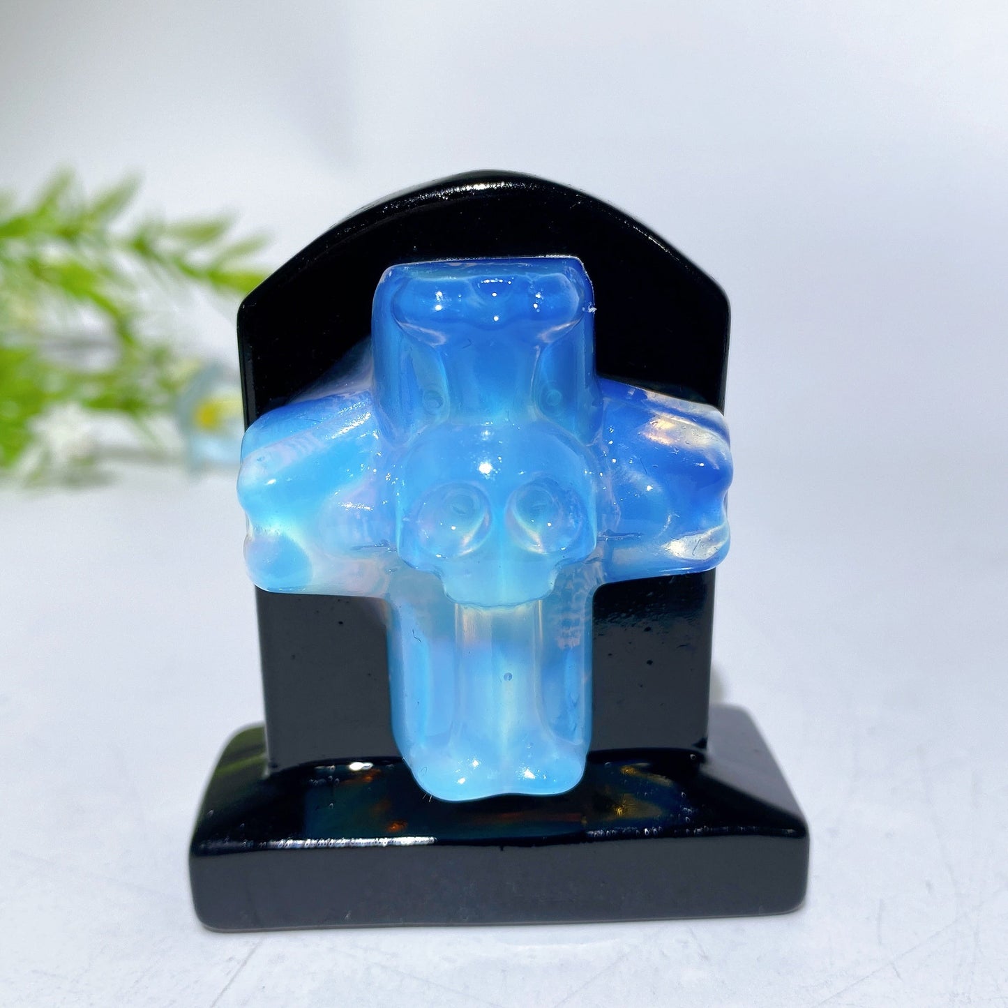 2.3" Black Obsidian Tombstone with Cross Skull Decor Carving Crystal Healing Bulk Wholesale