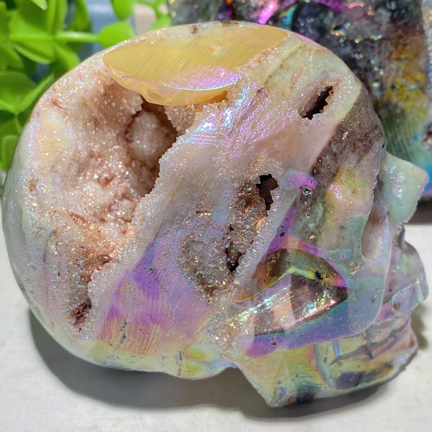 3.2"-4.0" Aura Druzy Zinc Skull Carvings Bulk Wholesale