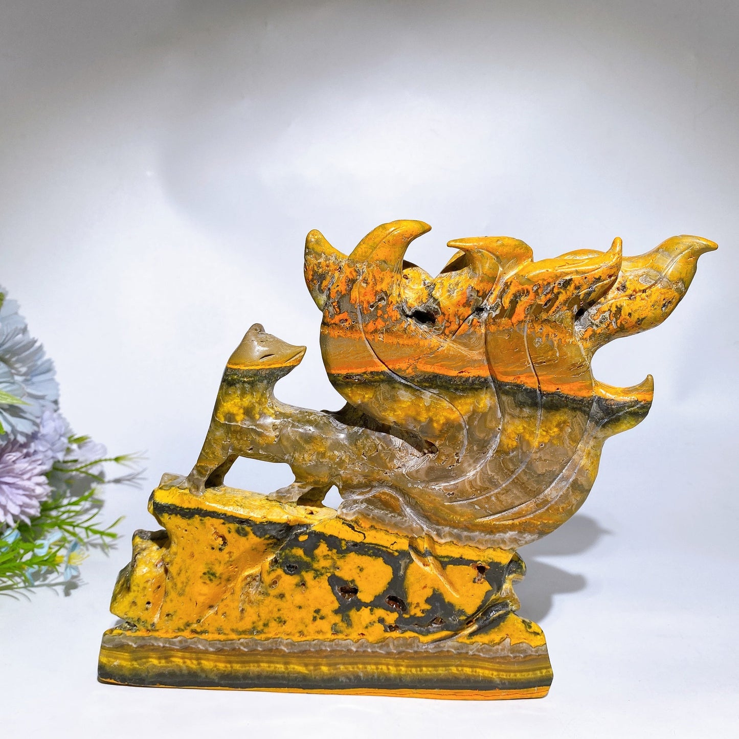 18cm Unique Bumblebee Jasper Nine-tails Fox Carving Crystal Healing Bulk Wholesale