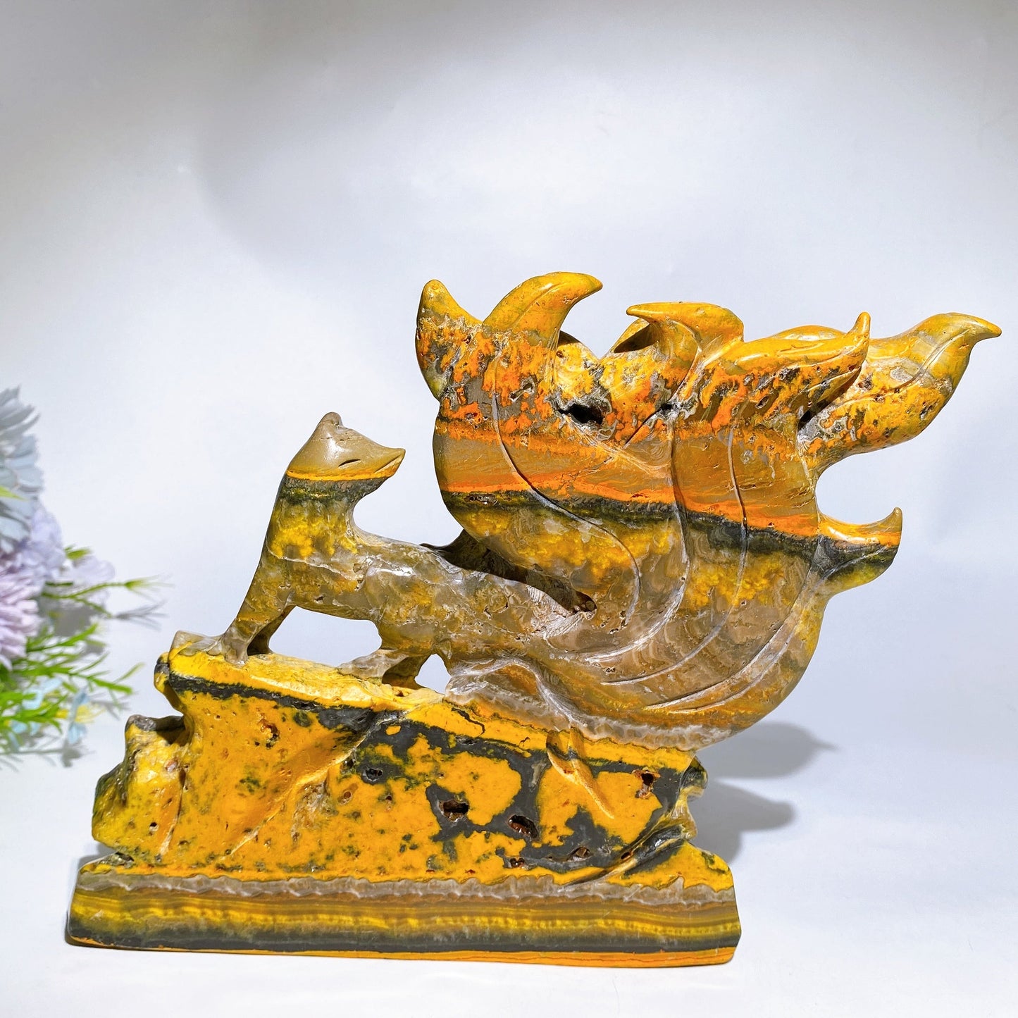 18cm Unique Bumblebee Jasper Nine-tails Fox Carving Crystal Healing Bulk Wholesale