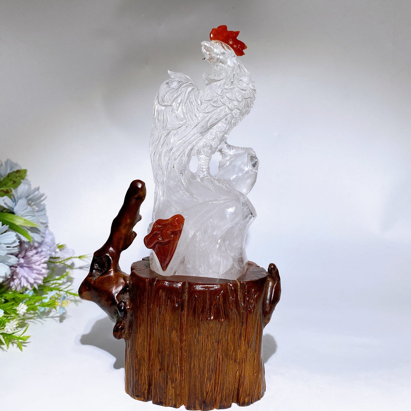 Unique Clear Quartz with Carnelian Rooster Carving with Wooden Stand Crystal Healing Bulk Wholesale