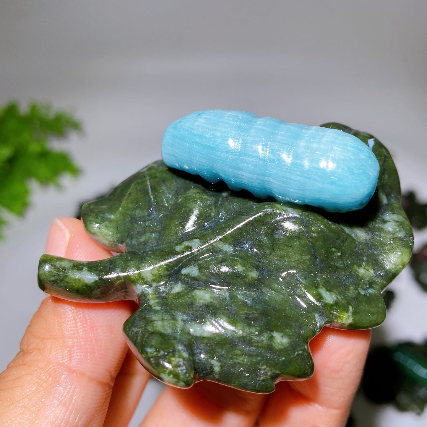 2.7" Crystal Silkworm on Serpentine Leaf Carving Crystal Healing Bulk Wholesale