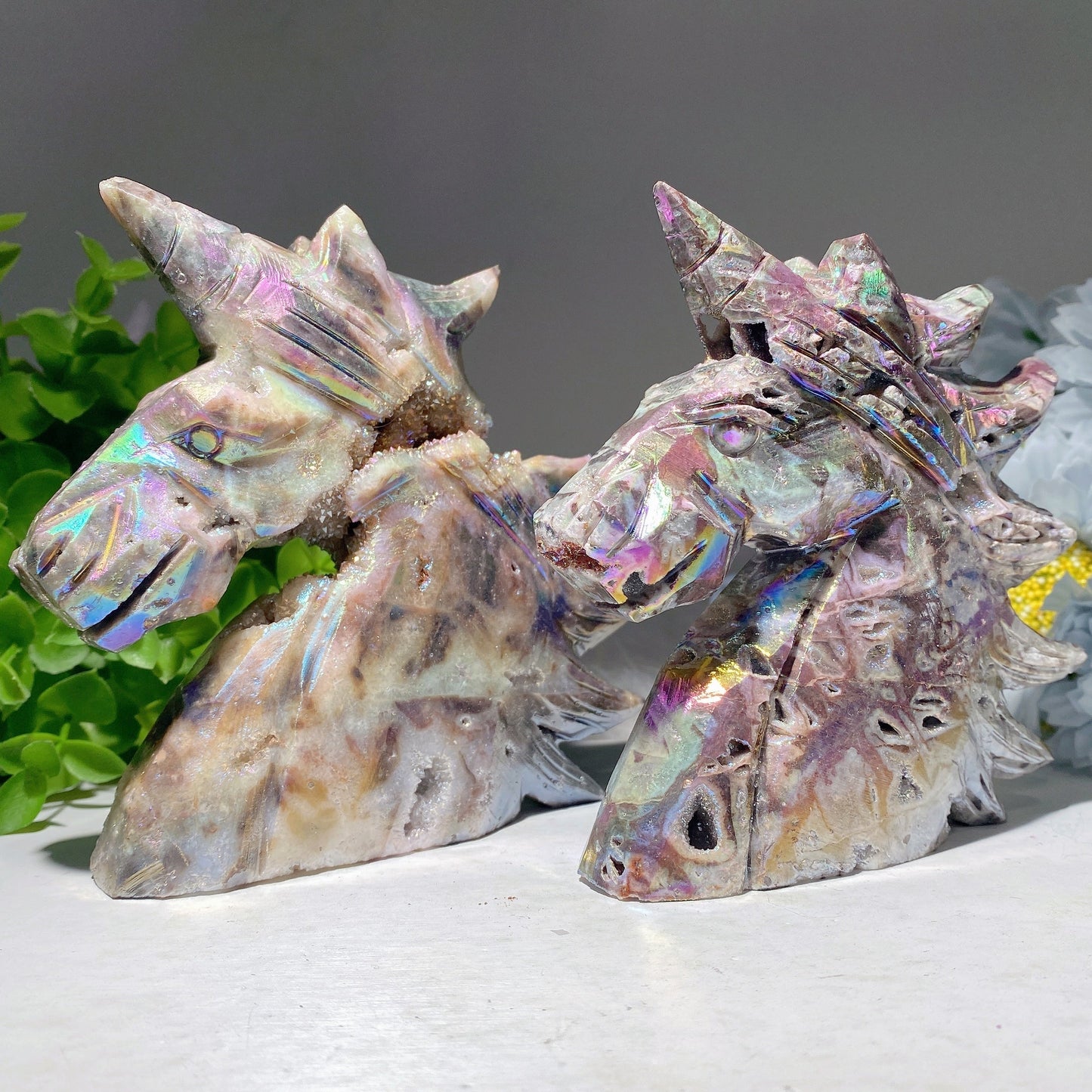 5.0" Aura Druzy Zinc Unicorn Carvings Bulk Wholesale