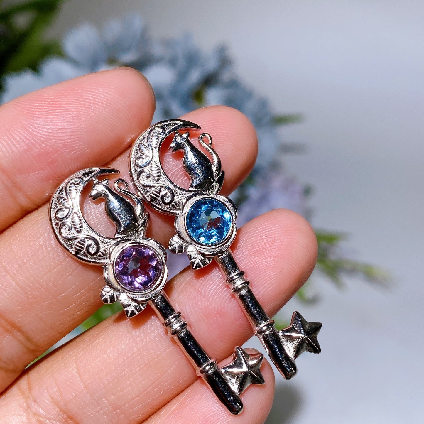 925 Silver Moon & Fox Amethyst Blue Topaz Pendant Crystal Healing Bulk Wholesale