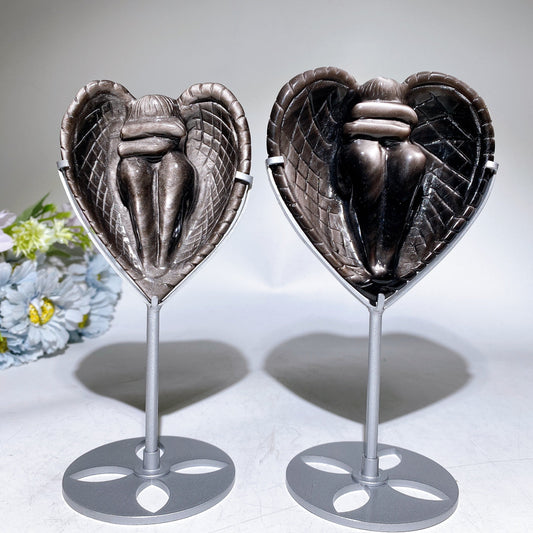 Silver Obsidian Heart Angel Carving with Stand Crystal Healing Bulk Wholesale