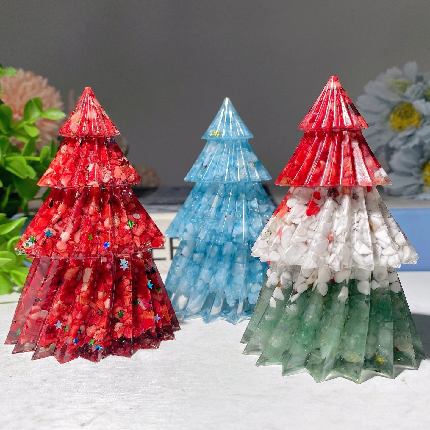 3.5" Mixed Crystal Chips Resin Christmas Tree Carvings Bulk Wholesale