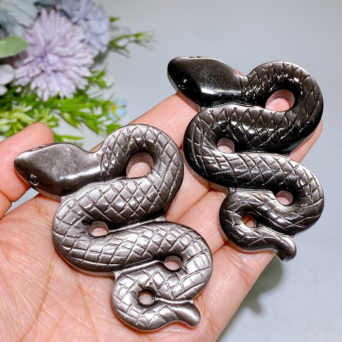 2.7" Silver Obsidian Snake Carving Crystal Healing Bulk Wholesale