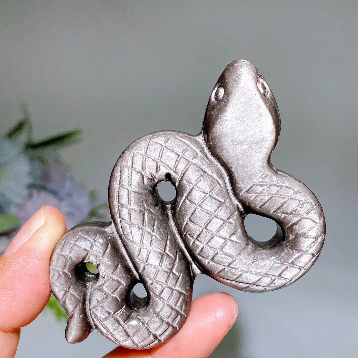 2.7" Silver Obsidian Snake Carving Crystal Healing Bulk Wholesale