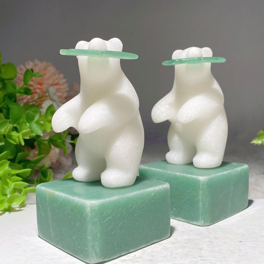 4.4" White Jade Polar Bear with Green Aventurine Base Carvings Bulk Wholesale