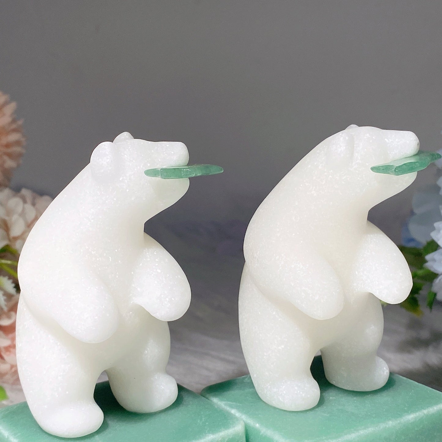 4.4" White Jade Polar Bear with Green Aventurine Base Carvings Bulk Wholesale