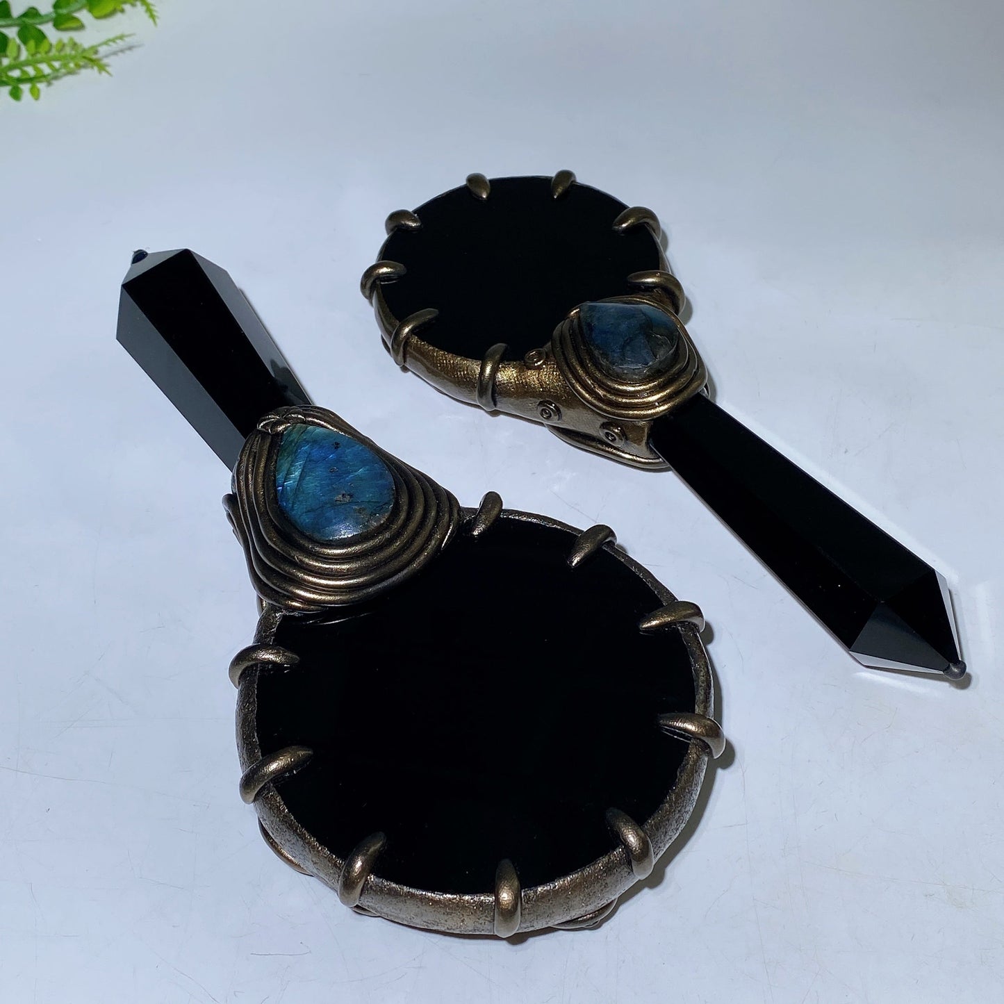 Natural Black Obsidian Mirror wtih Point Handle Labradorite Decor Crystal Healing Bulk Wholesale