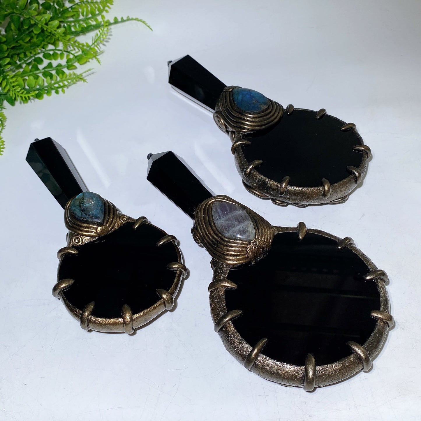 Natural Black Obsidian Mirror wtih Point Handle Labradorite Decor Crystal Healing Bulk Wholesale