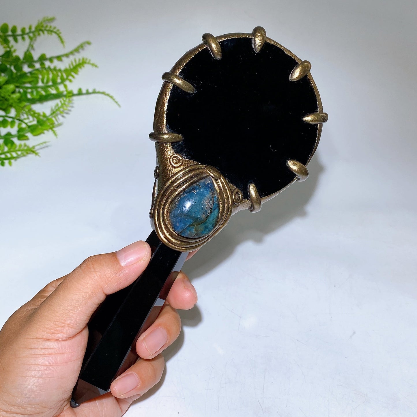 Natural Black Obsidian Mirror wtih Point Handle Labradorite Decor Crystal Healing Bulk Wholesale