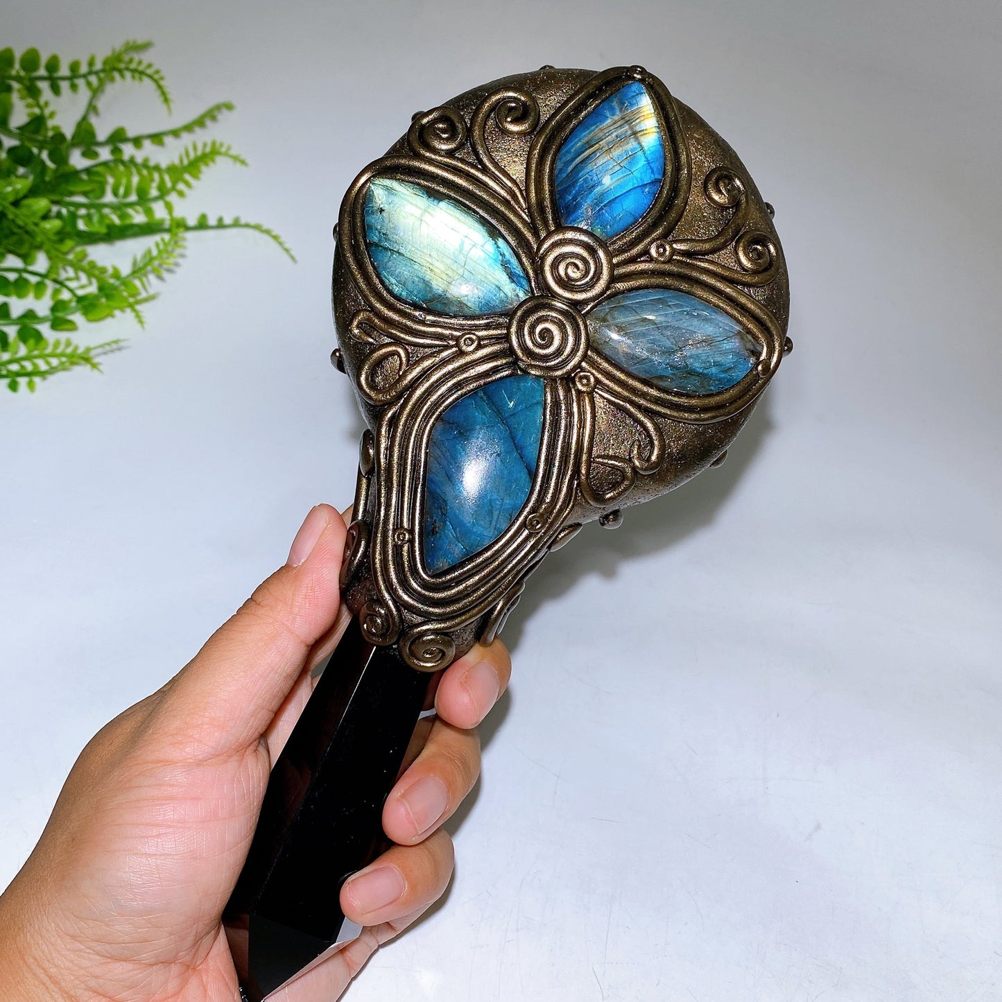 Natural Black Obsidian Mirror wtih Point Handle Labradorite Decor Crystal Healing Bulk Wholesale