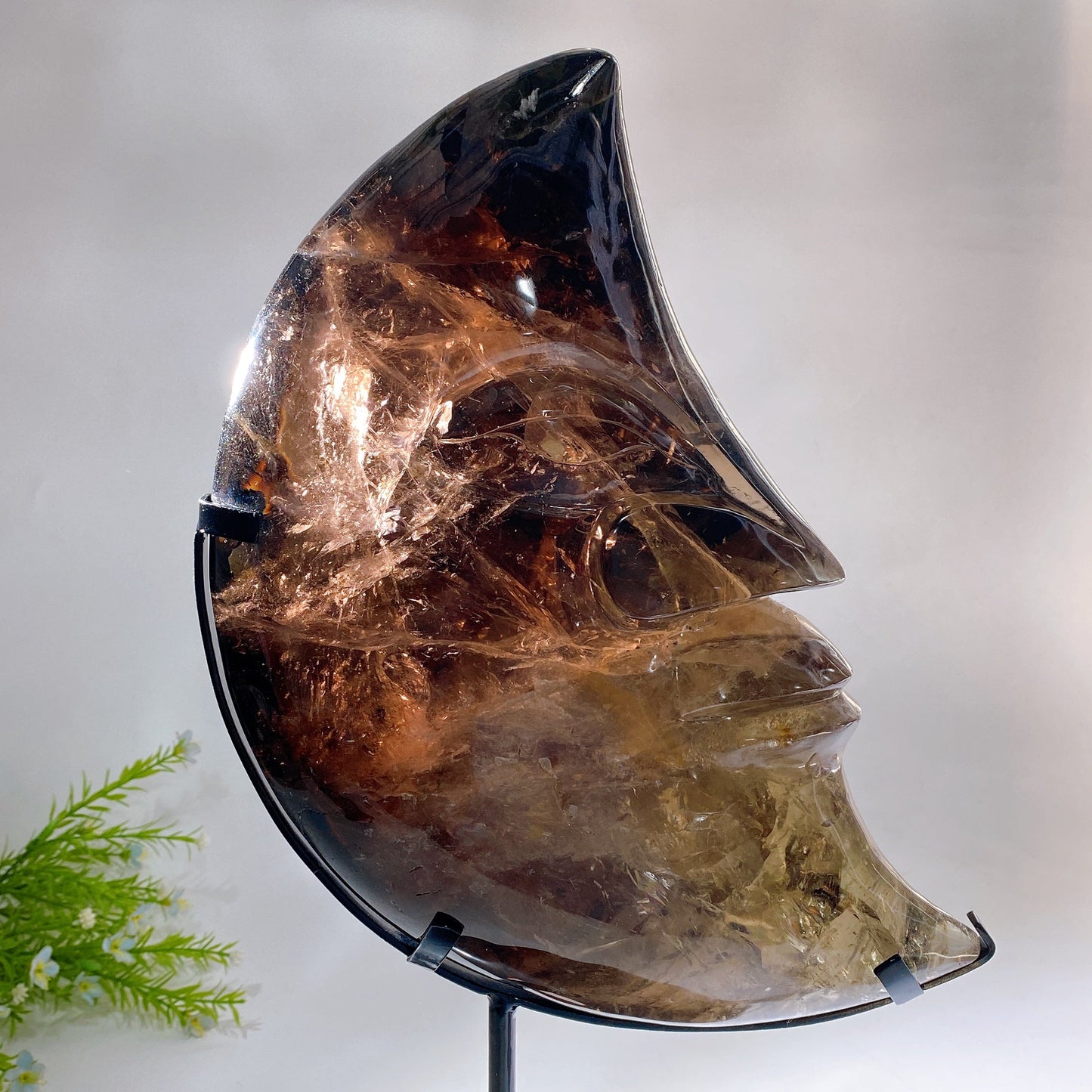 Large Unique Hand Carved Natural Smoky Quartz Moon Face with Strong Rainbow with Stand Crystal Healing Bulk Wholesale