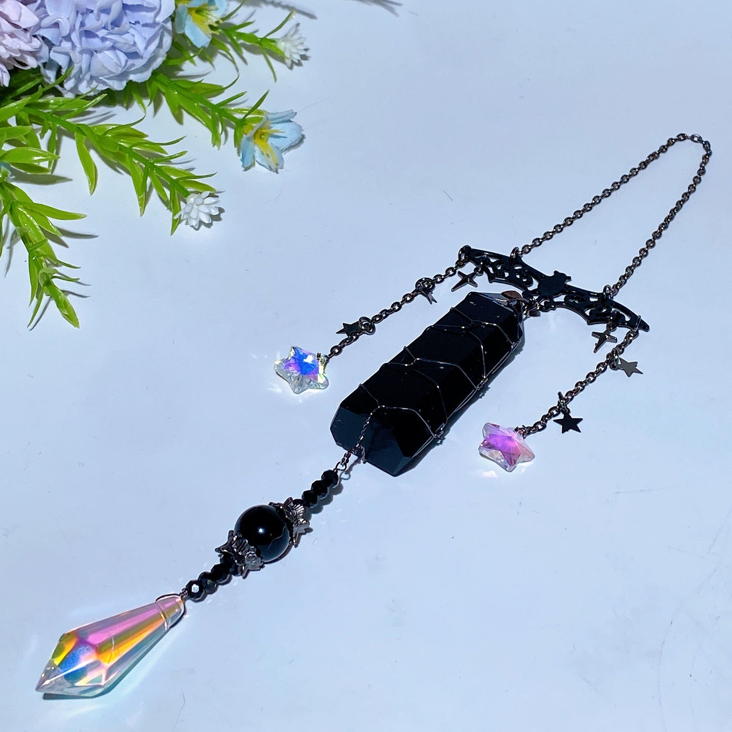 Black Obsidian Point Raw Malachite Suncatcher with Metal Bat Decor Crystal Healing Bulk Wholesale