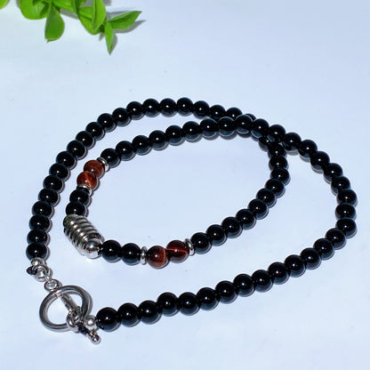 6mm Black Obsidian with Crystal Stainless Steel Neckalce Crystal Healing Bulk Wholesale
