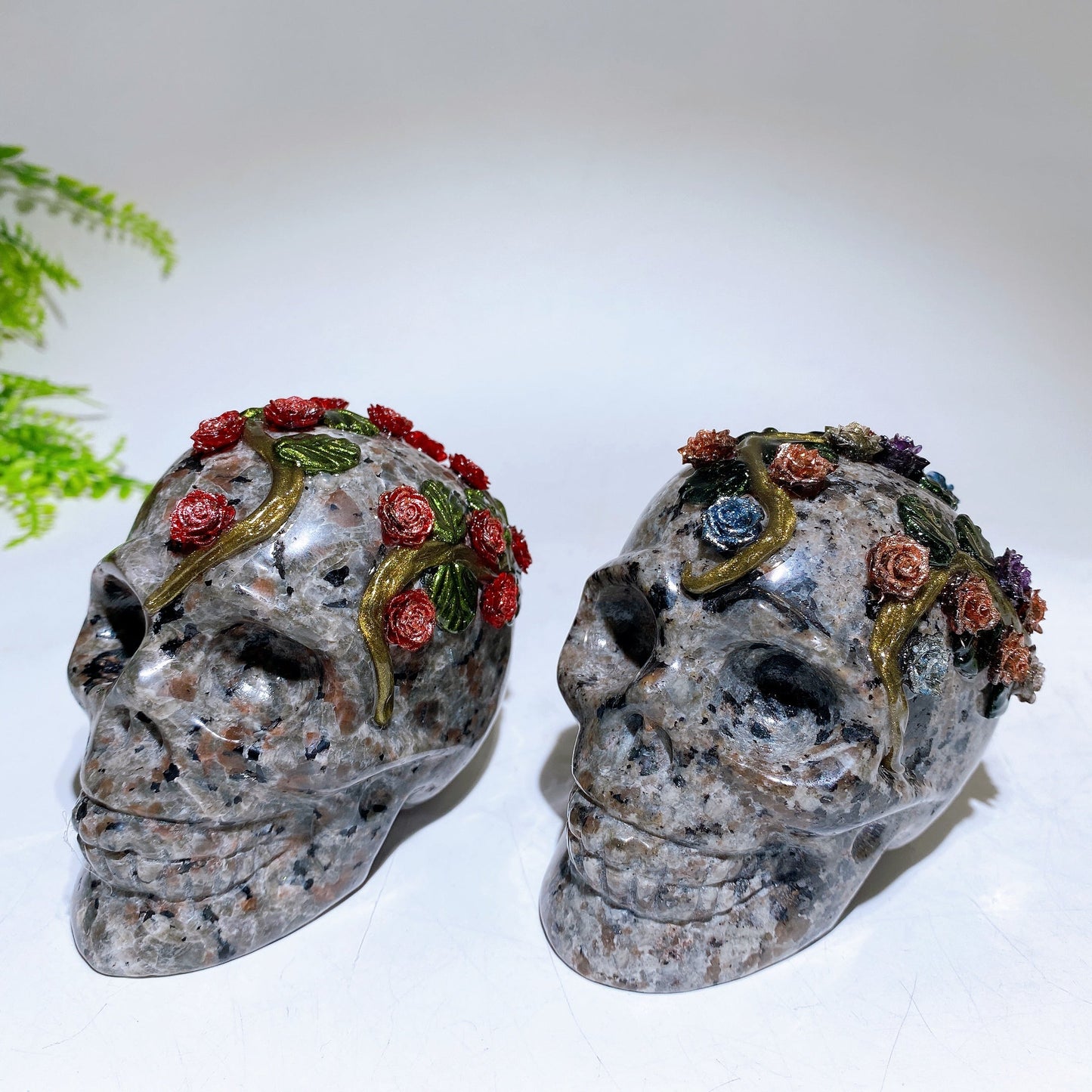 3.4"-3.8" Yooperlite Black Obsidian Skull with Rose Flower Decor Carving Crystal Healing Bulk Wholesale