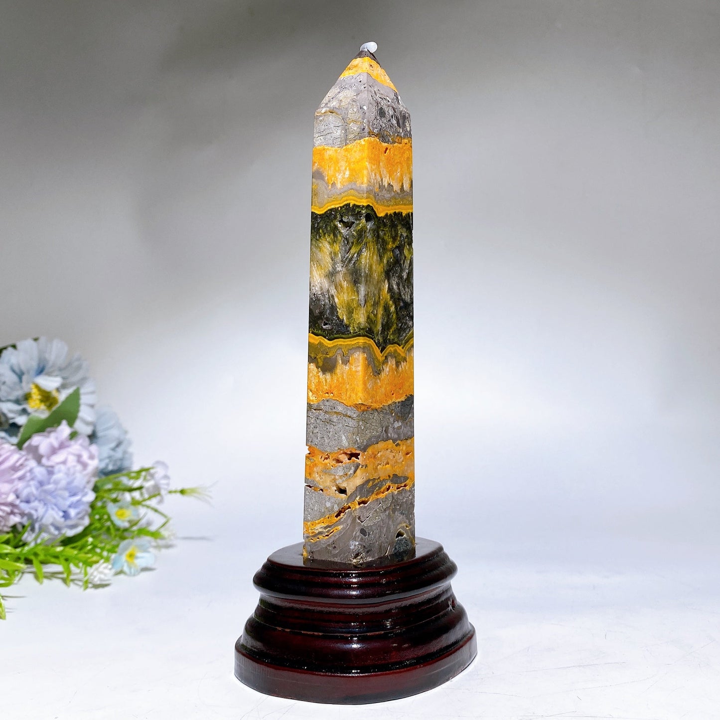 21cm Bumblebee Jasper Tower with Wooden Stand Crystal Healing Bulk Wholesale