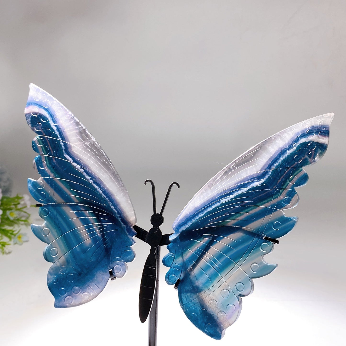 Large Unique Blue Green Fluorite Butterfly Wings Carving with Stand Crystal Healing Bulk Wholesale