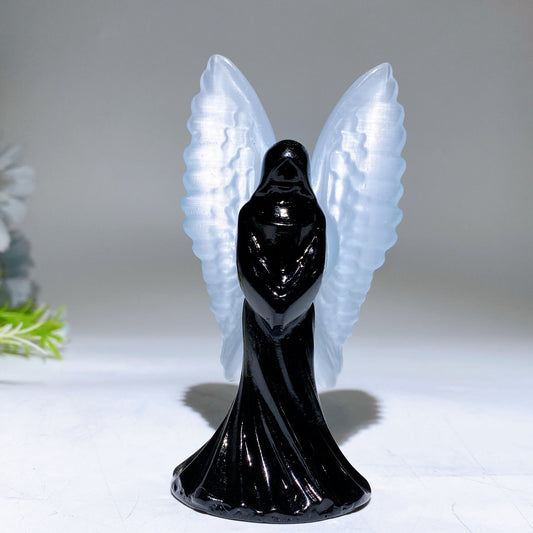 3.6" Black Obsidian with Cat's Eye Angel Carving Crystal Healing Bulk Wholesale