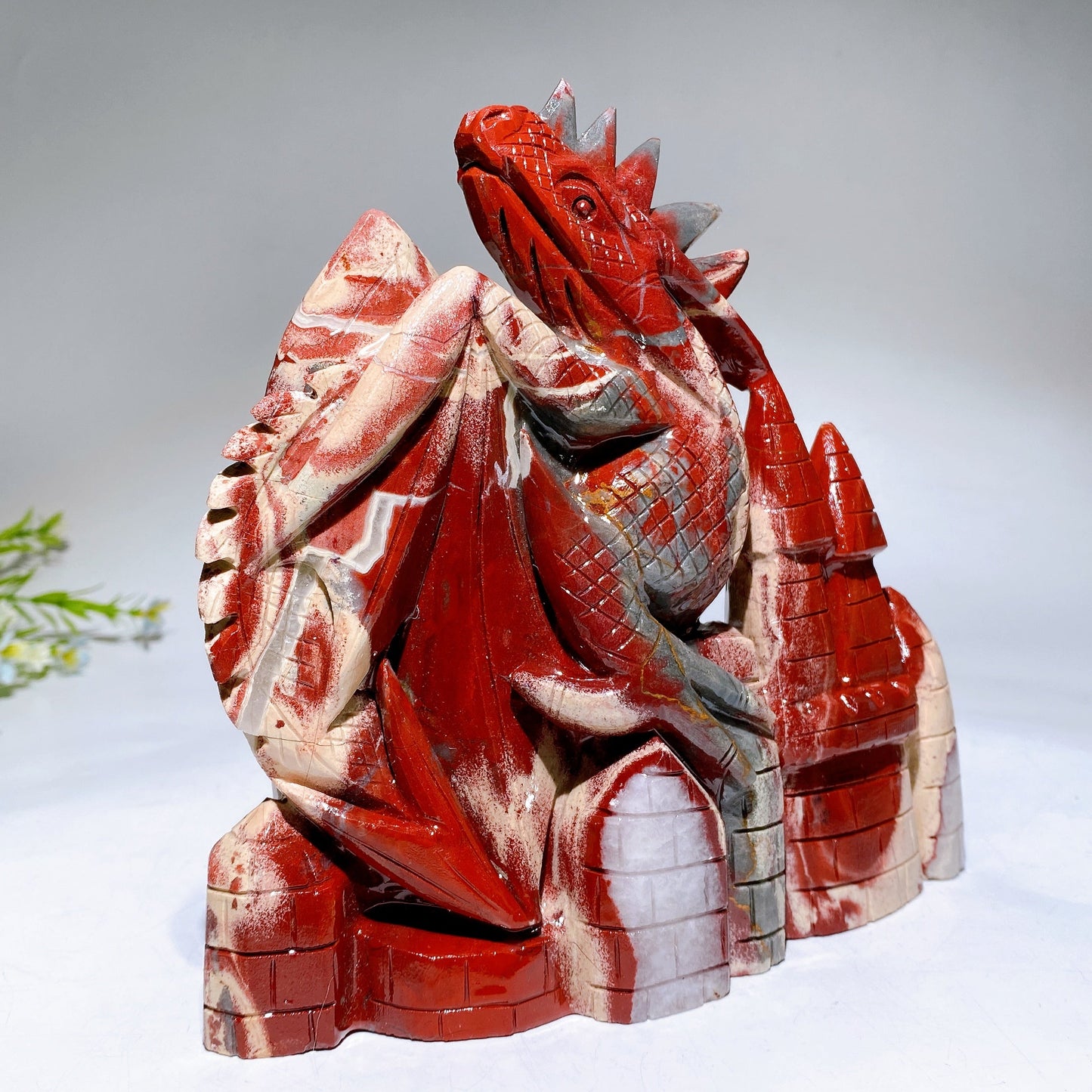 18cm Hand Carved Natrual Red Jasper Dragon on Castle Crystal Healing Bulk Wholesale