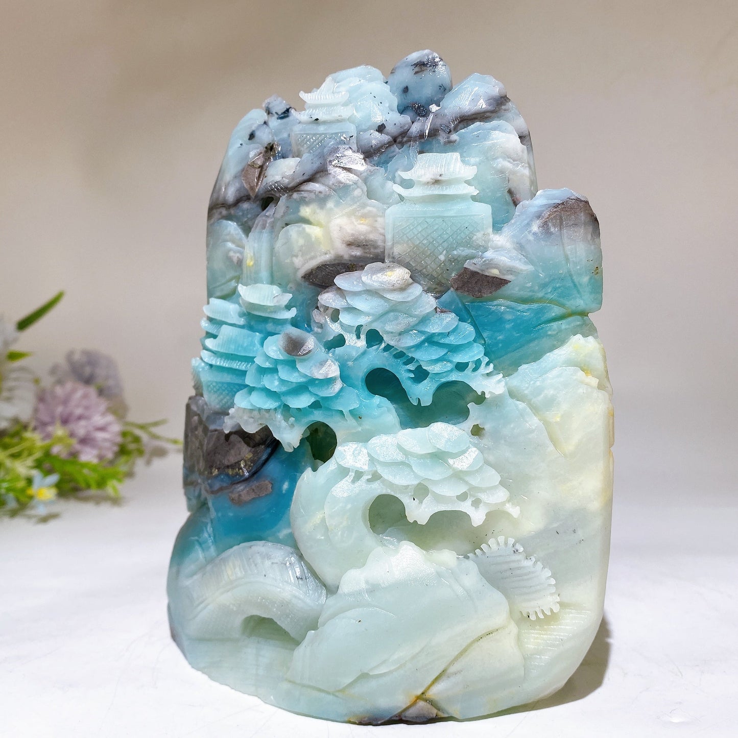 16cm Unique Sky Blue Landscape Scenery Carving Crystal Healing Bulk Wholesale