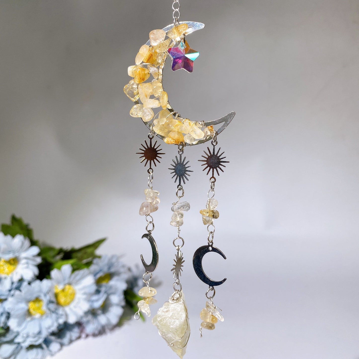 Crystal Chips Moon Shape Suncatcher Hanging Ornament Crystal Healing Bulk Wholesale