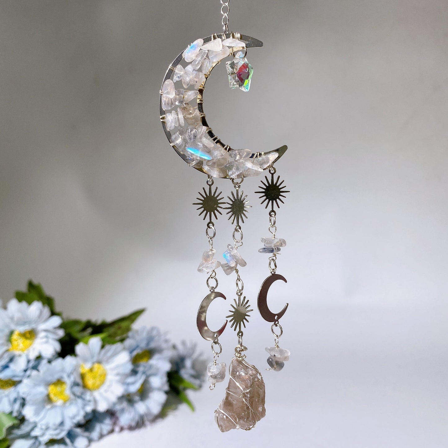 Crystal Chips Moon Shape Suncatcher Hanging Ornament Crystal Healing Bulk Wholesale