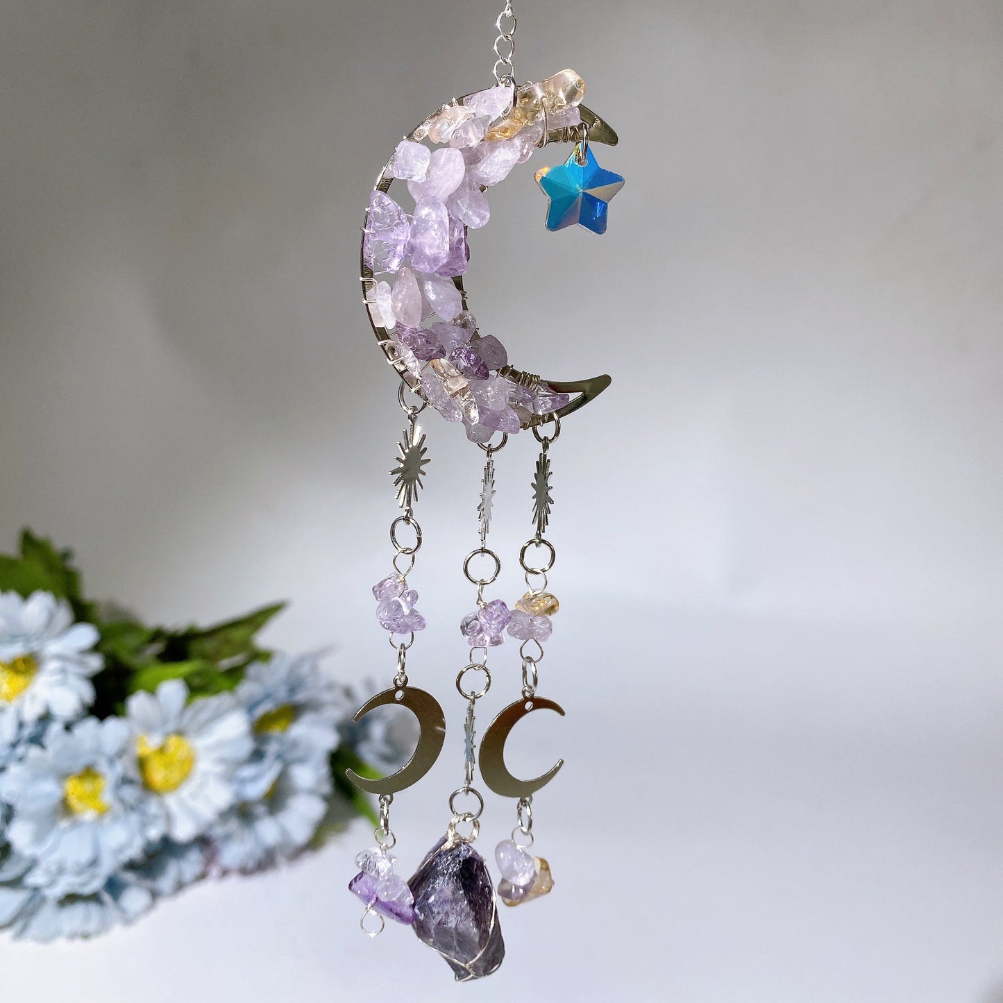Crystal Chips Moon Shape Suncatcher Hanging Ornament Crystal Healing Bulk Wholesale