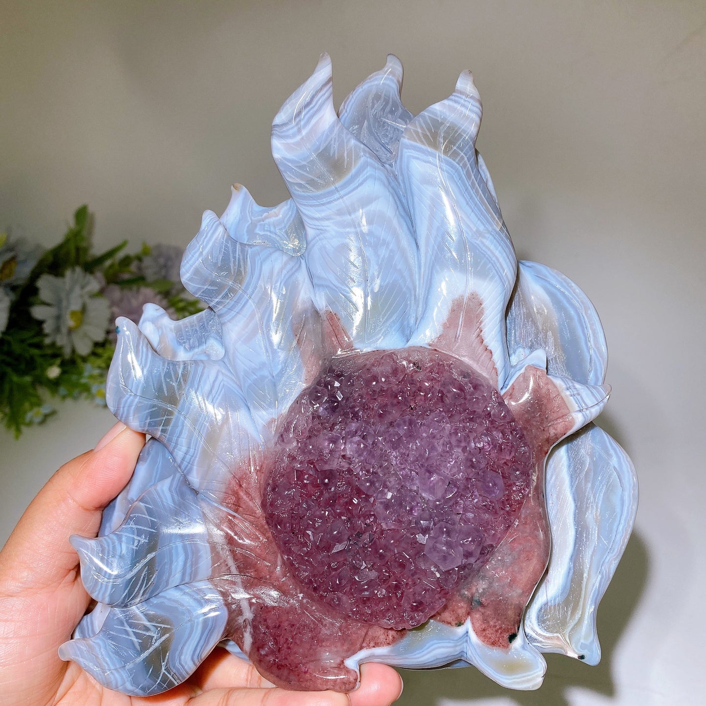 19cm Unique Striped Agate Growing with Amethyst Cluster Nine-tails Fox Carving Crystal Healing Bulk Wholesale