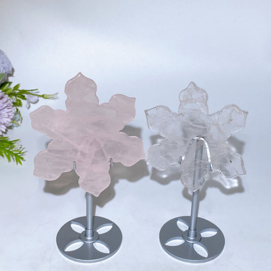Rose Quartz Clear Quartz Snowflake Carving with Stand Crystal Healing Bulk Wholesale