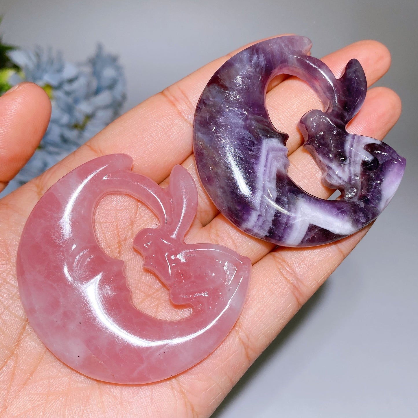 2.3" Dream Amethyst Rose Quartz Moon Fairy Carving Crystal Healing Bulk Wholesale