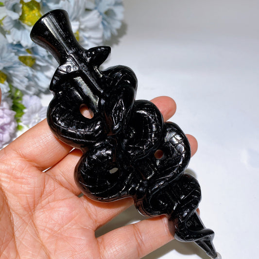 5.7" Black Obsidian Snake Sword Carving Crystal Healing Bulk Wholesale