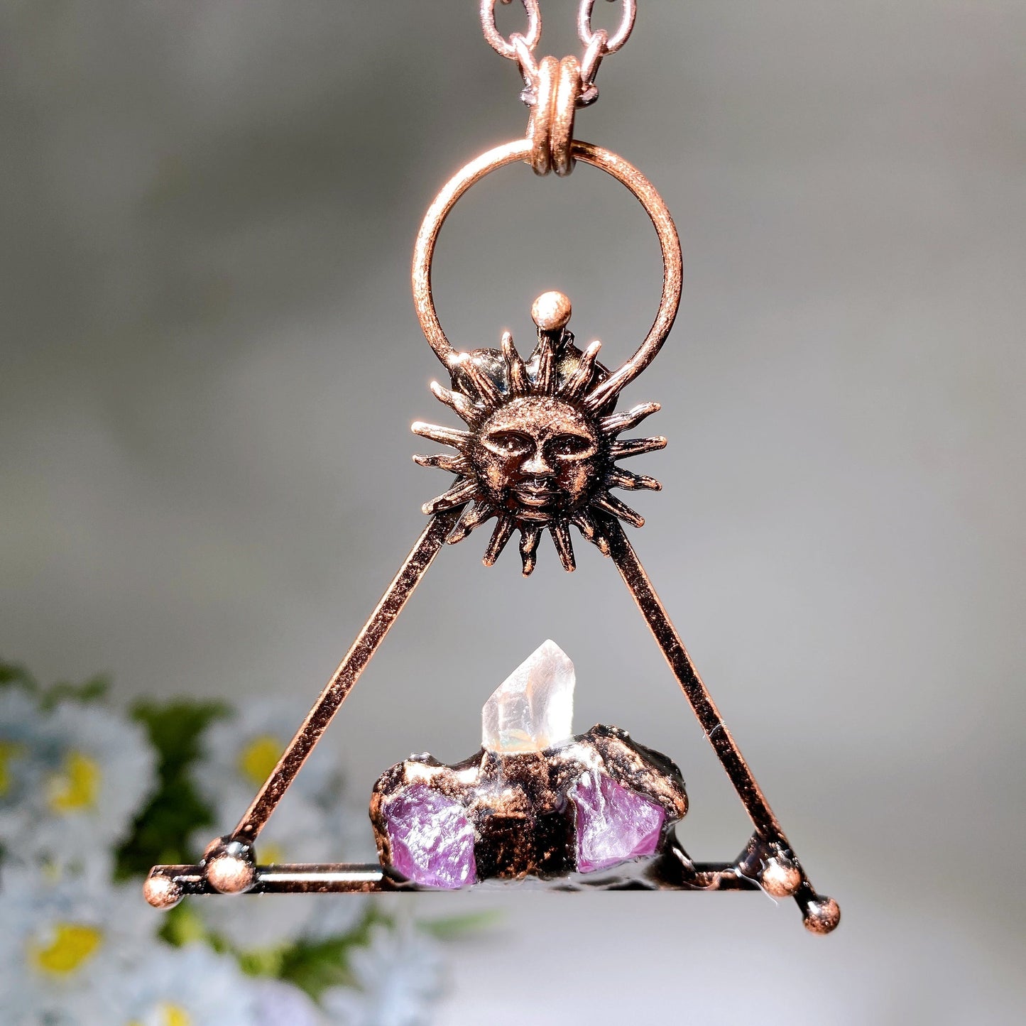 Amethyst Clear Quartz with Metal Sun Face Necklace Crystal Healing Bulk Wholesale