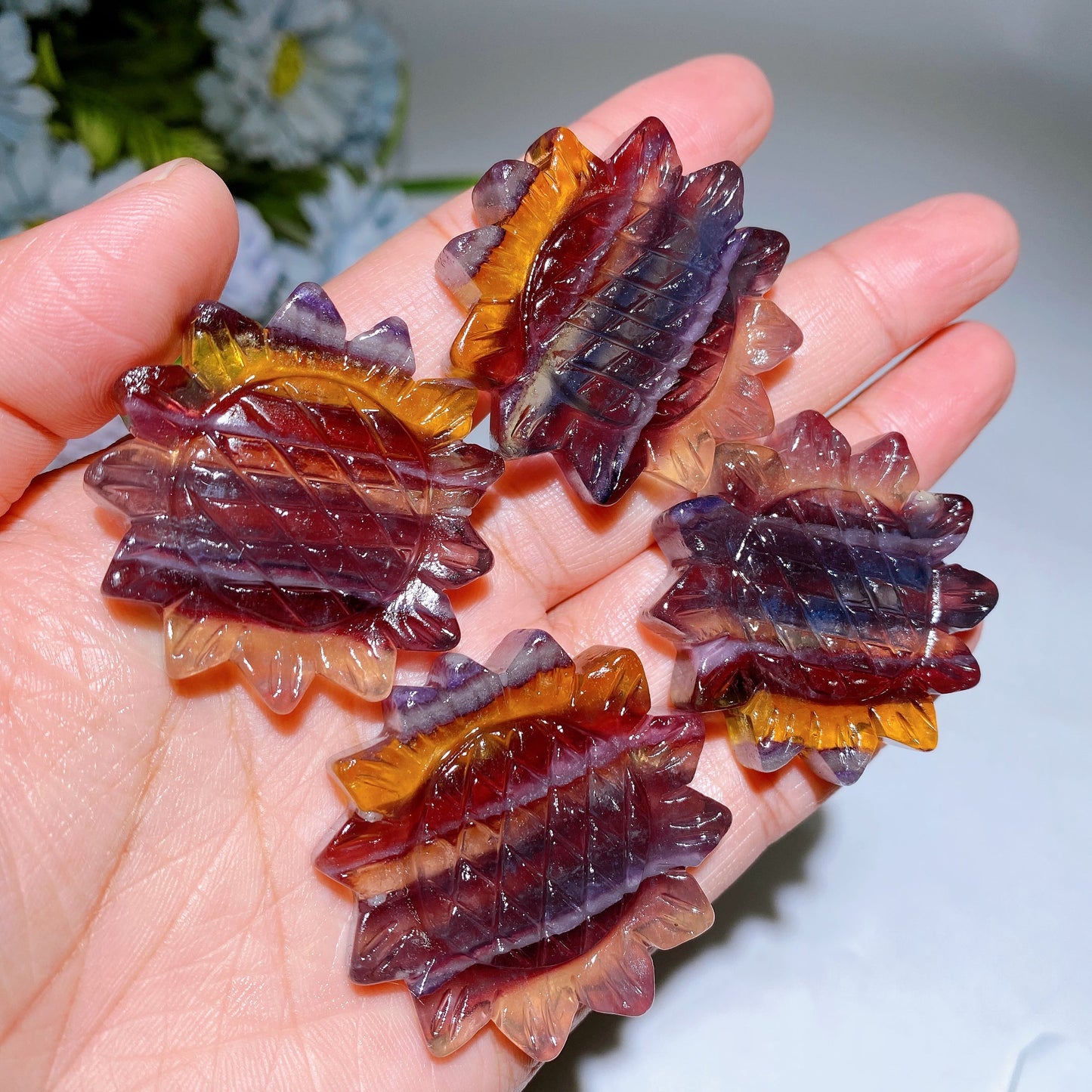 1.6" Rainbow Fluorite Sunflower Carving Crystal Healing Bulk Wholesale