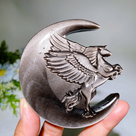 Silver Obsidian Unicorn Dragon Carving with Stand Crystal Healing Bulk Wholesale