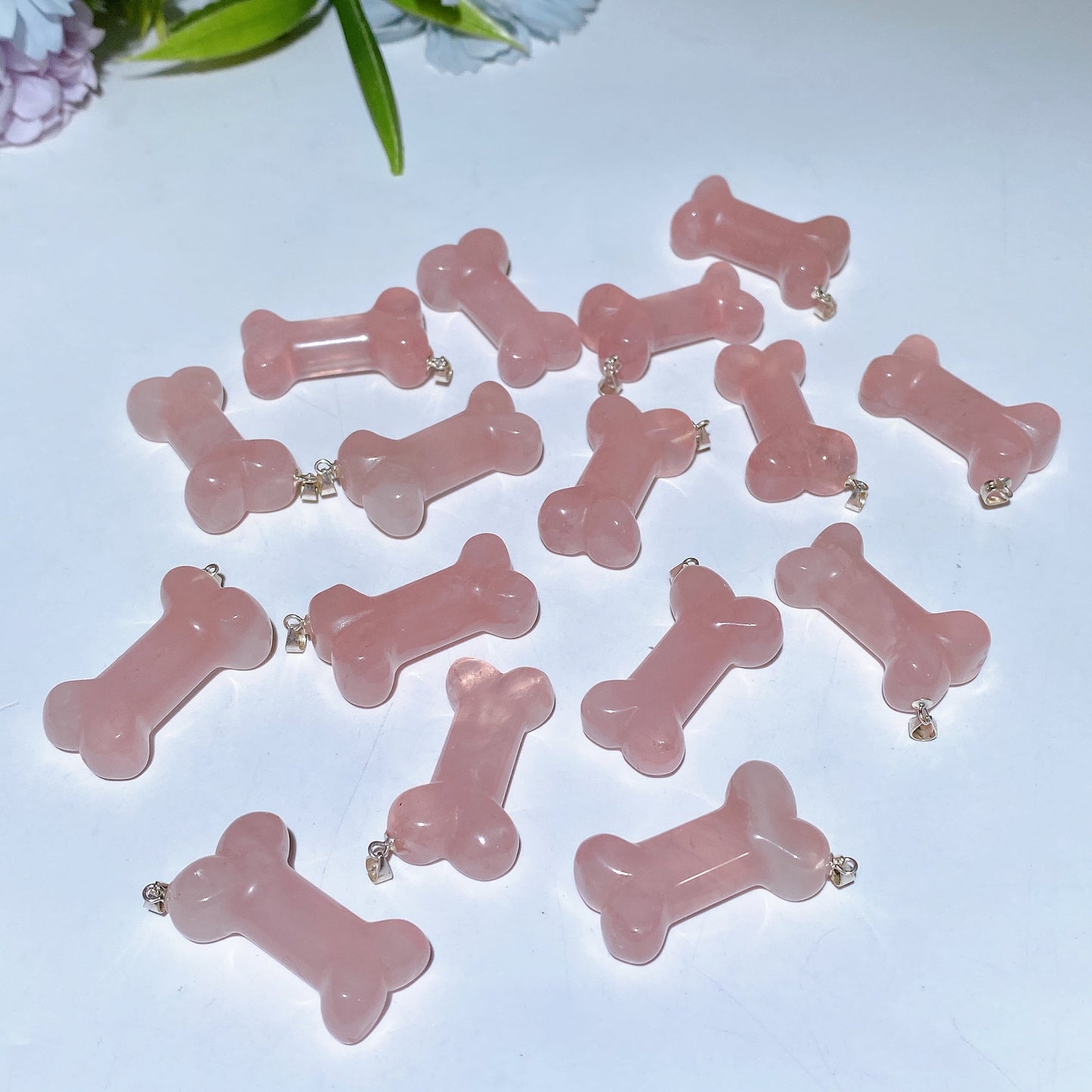 32mm S925 Rose Quartz Bone Pendant Crystal Healing Bulk Wholesale