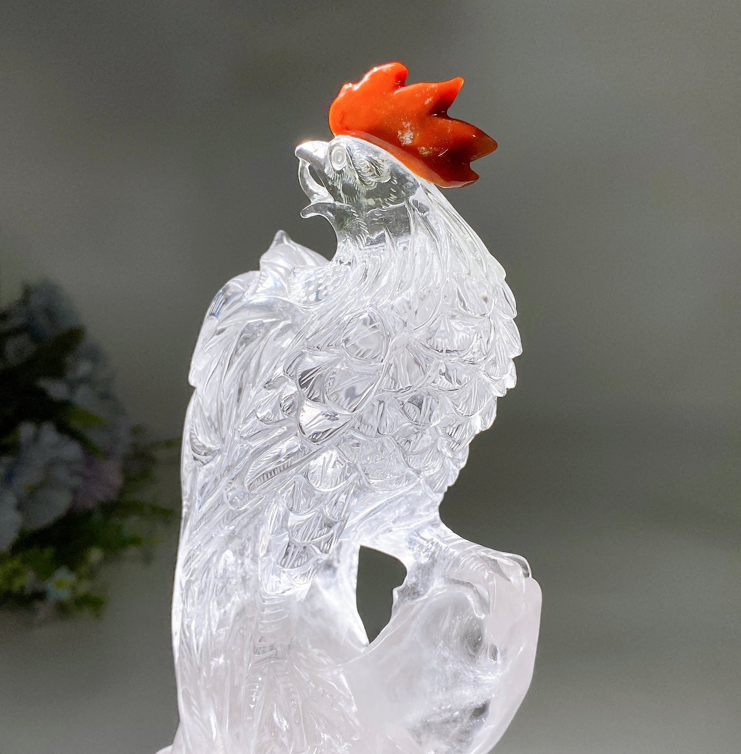 Unique Clear Quartz with Carnelian Rooster Carving with Wooden Stand Crystal Healing Bulk Wholesale