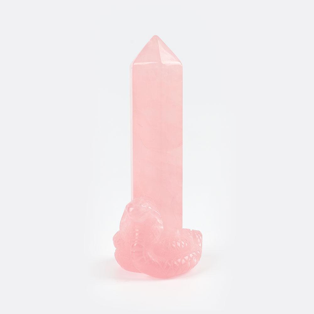 Rose Quartz Tower with Snake Carving Decor Base